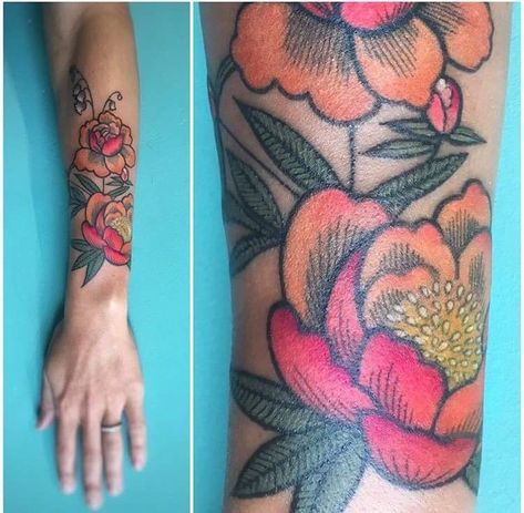 Colored Women Tattoos, Traditional Love Birds Tattoo, Color Floral Half Sleeve Tattoo, Colorful Feminine Tattoos, Healed Color Tattoo, Partial Color Tattoo, Groovy Flower Tattoo, Color Flowers Tattoo, New School Flower Tattoo