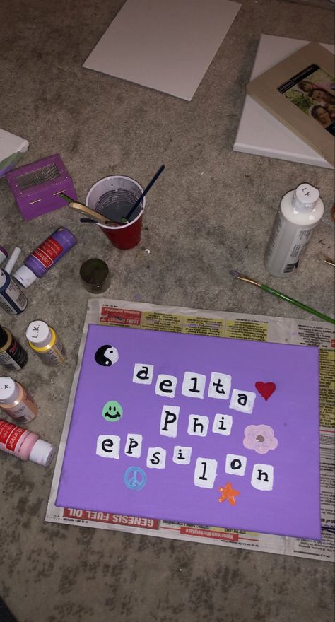 greek life sorority craft dphie delta phi epsilon Delta Gamma Paintings Canvases, Delta Phi Epsilon Canvas, Sorority Letter Ideas, Adpi Paintings, Dphie Canvases, Easy Sorority Canvas, Sorority Crafts Canvases, Big Little Canvas Ideas, Big Little Paintings