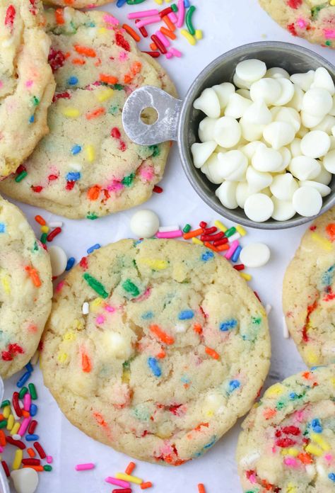 Funfetti White chocolate Chip Cookies Confetti Chip Cookies, Sprinkle Chocolate Chip Cookies, Confetti White Chocolate Cookies, White Chocolate Sprinkle Cookies, Funfetti White Chocolate Chip Cookies, Funfetti Chocolate Chip Cookies, White Chocolate Sugar Cookies, Desserts With White Chocolate Chips, Cheap Cookie Recipes