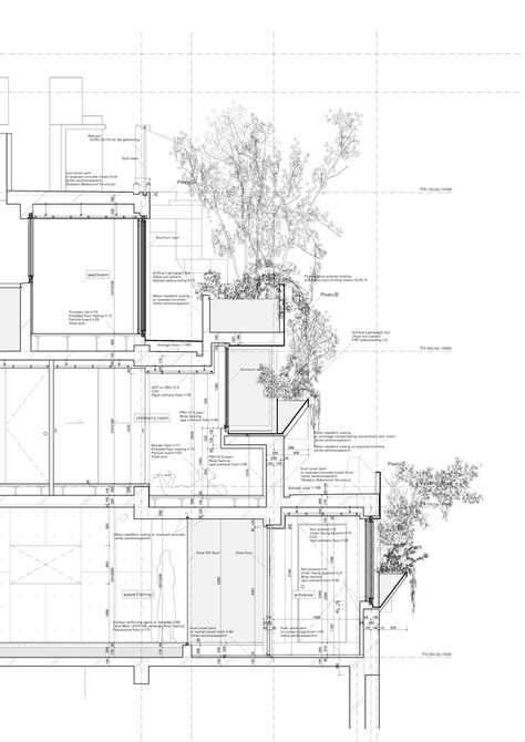 Gallery of Tree-ness House / Akihisa Hirata - 40 Green Facade, Architecture Concept Diagram, Roof Architecture, Architectural Section, Green Architecture, Construction Drawings, Architecture Design Concept, Organic Architecture, Architectural Drawing