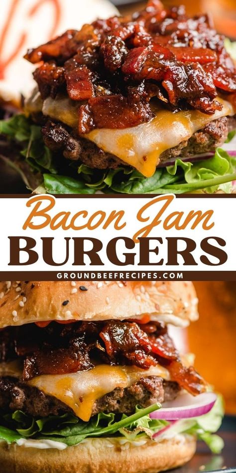 You're going to love this easy dinner idea! Loaded with bacon onion jam, these hamburgers will delight you with a new texture and flavor. You won't be disappointed in this meat main dish! Save this bacon jam burger recipe! Burgers With Bacon Jam, Burger With Bacon Jam, Bacon Onion Jam Burgers, Bacon Jam Burger Recipes, Bacon Jam Recipe For Burgers, Cheese Curd Burger, Bacon Smash Burger, Gourmet Smash Burger, Different Hamburger Ideas