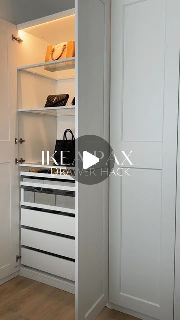 Nesrine | interior & organizing on Instagram: "Ikea Pax drawer hack 👗 link in bio (Amazon storefront)

In a Pax wardrobe with doors, it’s not possible to place a drawer at the bottom due to protruding hinges.

By replacing the hinges with refrigerator hinges, it becomes possible to install a drawer at the bottom.

The drawer at the bottom is not obstructed by the hinges and can be easily used.
The doors need to be readjusted by installing a refrigerator hinge.
To attach the new hinge, I removed the white plate and used the screws from the IKEA hinge, ensuring a secure fit.
#ikea #ikeahack #ikeapax #closettour #aesthetic #organizedhome" White Ikea Pax Wardrobe, Pax Wardrobe Doors Ideas, Pax Wardrobe With Doors, Ikea Pax With Doors, Pax With Doors, Wardrobe Drawers Ideas, Ikea Wardrobe Ideas Small Spaces, Ikea Hinge, Drawers In Wardrobe