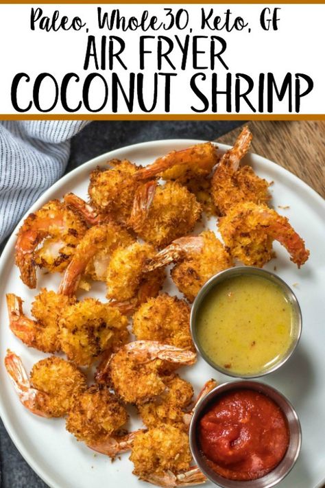 These paleo and Whole30 air fryer coconut shrimp are a healthy, gluten-free and keto alternative compared to deep frying a similar coconut shrimp recipe. With just a few simple ingredients and in less than 15 minutes you’ll have yourself a family friendly and healthy recipe everyone will love, but no one says you have to share! #whole30airfryer #whole30coconutshrimp #paleoairfryer #ketoairfryer #ketococonutshrimp #paleoairfryerrecipes Keto Air Fryer Coconut Shrimp, Whole 30 Coconut Shrimp, Low Carb Coconut Shrimp, Air Fryer Aip Recipes, Whole 30 Blackstone Recipes, Shrimp Recipes Coconut, Shrimp Recipes Air Fryer, Gluten Free Coconut Shrimp, Shrimp Recipes Keto