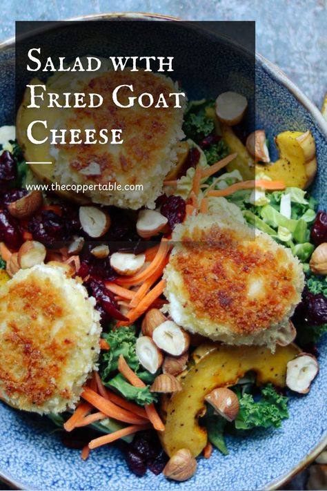 Photo of salad with slices of fried goat cheese. Salad With Fried Goat Cheese, Elegant Salads, Fried Goat Cheese Salad, Salad Goat Cheese, Warm Goat Cheese Salad, Roasted Root Vegetable Salad, Root Vegetable Salad, Salad With Goat Cheese, Fried Goat Cheese