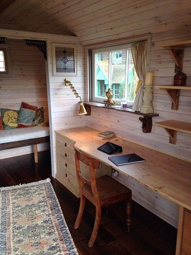 image | carstenthecarpenter | Flickr Tiny Shed Office, Trailer Office Ideas, Tiny House Office Space, Office Shed Interior, Homeschool Shed, Tiny House Desk, Shed Office Interior, Rv Shed, Writing Shed