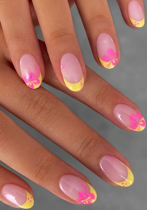 Two Color French Tip Nails Summer, Cute First Day Of School Nails, Nail Inspo For Back To School, Builder Gel Nail Ideas, Tropical Nail Designs Short, Summer Nail Inspo 2024 Almond Short, Preppy Beach Nails, Nails For Vacation Beach Tropical, Gel X Summer Nails