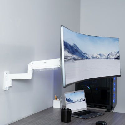 Win back valuable desk space with the Pneumatic Arm Single Ultrawide Monitor Wall Mount (MOUNT-V101G1 series) from VIVO! Elevate your ultra wide screen to an ergonomic height and adjust the viewing angle with just the touch of a hand. Easily create a floating setup with this heavy duty wall-mounted arm. Featuring high quality aluminum construction, flexible joints, smooth pneumatic height adjustment, integrated cable management, and more, this mount is ready to transform your workspace. The vers Wall Mount Computer Monitor, Wall Mounted Computer Monitor, Ultra Wide Monitor Setup, Monitor On Wall, Joes Special, Wall Mount Monitor, Mounted Monitor, Kitchen Bright, Small Sunroom