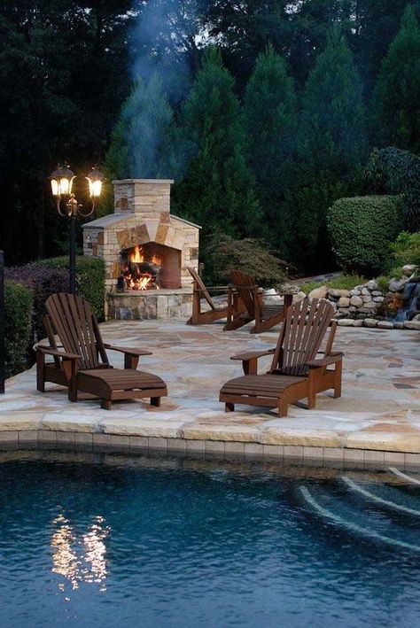 Patio Fireplace Diy, Dream Backyard Patio, Outdoor Stone Fireplaces, Pool House Decor, Outside Fireplace, On The Wings Of Love, Outdoor Fireplace Designs, Outdoor Fireplace Patio, Patio Pergola