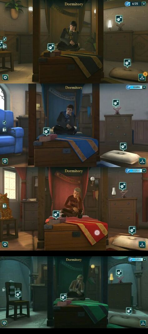 Hufflepuff, Ravenclaw, Gryffindor, and Slytherin dorm rooms in the Hogwarts Mystery Game Slytherin Dorm Room, Hogwarts Dorm Room, Gryffindor And Slytherin, Slytherin Bedroom, Hogwarts Dorm, Hogwarts Hufflepuff, Ravenclaw Gryffindor, Hogwarts Games, Slytherin And Hufflepuff