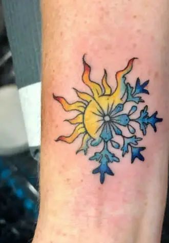 115 Winter-Themed Tattoo Designs Incorporating A Snowflake - Psycho Tats Melting Snowflake Tattoo, Sun And Snowflake Tattoo, 4 Season Tattoo, Frost Tattoo, Seasons Tattoo, Sun Rays Tattoo, Snowflake Tattoo, Snow Tattoo, Personal Beliefs