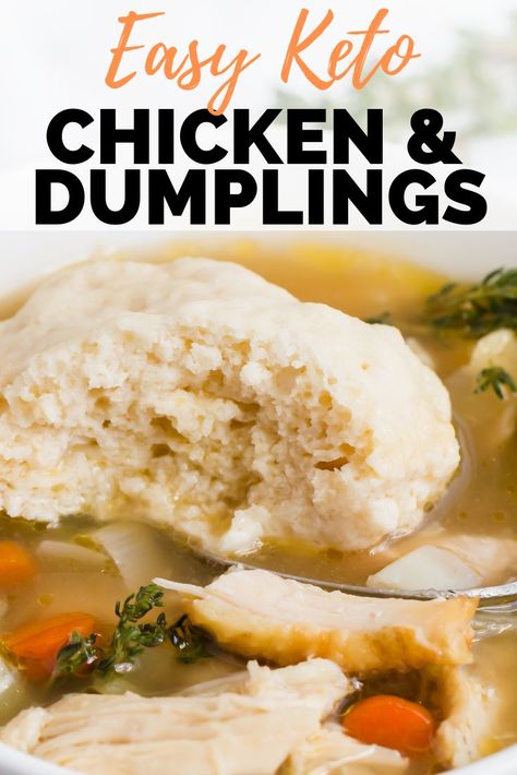 Easy Keto Chicken & Dumplings Recipe - I love comfort food and this low carb chicken and dumplings recipe will warm you right up with this flavorful broth. The dumplings sits right on top the delicious broth and soaks up all of its goodness! www.ketofocus.com #ketosouprecipes #easyketorecipes #easyketodinnerrecipes Low Carb Chicken Dumplings, Low Carb Chicken Dumpling Soup, Keto Chicken Dumplings Low Carb, Keto Chicken And Dumplings Crock Pot, Keto Dumplings For Stew, Almond Flour Dumplings Recipe, Low Carb Dumplings Recipe, Carbquik Dumplings, Keto Chicken Dumpling Soup