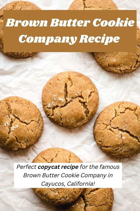 Brown Butter Cookie Company Recipe, a perfect copycat recipe of the original brown butter cookie made in the flagship store in Cayucos, California. Salted Brown Butter Cookies, Brown Butter Honey Cookies, Brown Butter Cookie Company Recipe, Brown Butter Sea Salt Cookies, Brown Butter Sea Salt Chocolate Chip, Easy Brown Butter Cookies, Burnt Butter Cookies, Kerrygold Butter Recipes, Brown Butter Cookies Recipe