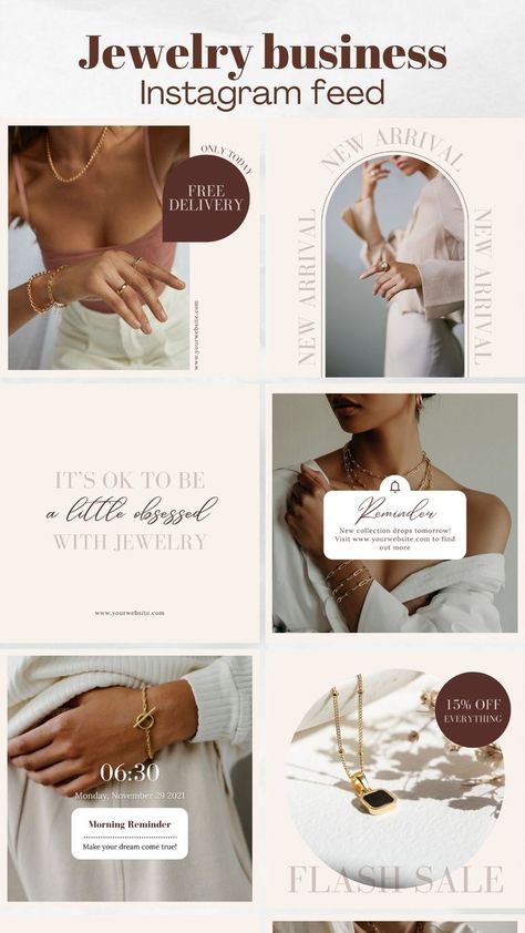 Jewelry business Instagram feed, Small business branding ideas, Jewellery shop design. Elegant beige Instagram post templates for jewellery businesses and other small businesses. Instagram Feed Small Business, Elegant Instagram Post, Shop Instagram Feed, Business Instagram Feed, Business Branding Ideas, Jewelry Social Media, Jewelry Website Design, Elegant Instagram, Small Business Instagram