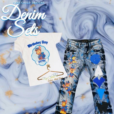 Paw patrol, denim, jeans, birthday outfit Paw Patrol Outfit Boy, Jeans Birthday Outfit, Paw Patrol Outfit, Paw Patrol Birthday, Birthday Idea, Paw Patrol, Birthday Outfit, Boy Birthday, Rock Revival Jean