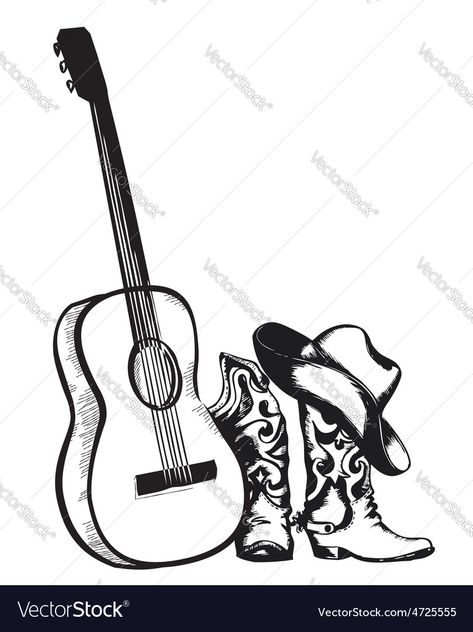 Country Music Tattoos, Cowboy Hat Drawing, Cowboy Hat Tattoo, Horse Stencil, Music Clipart, Guitar Illustration, Cowboy Tattoos, Guitar Drawing, Guitar Tattoo