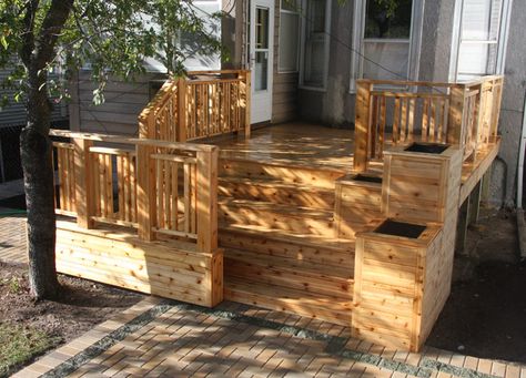 Cedar Deck with Planter Boxes Deck With Planter Boxes, Craftsman Style Porch, Deck Planter Boxes, Patio Stairs, Deck Planters, Cedar Planter Box, Cedar Deck, Cedar Planters, Diy Planter Box