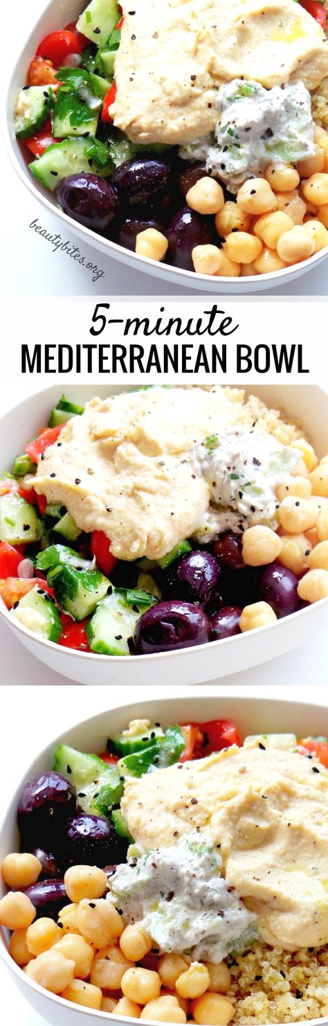 5-Minute Mediterranean Bowl Greek Salad Bowl Meal Prep, Meditranian Meals Easy, Mederteranian Recipe, Salad Cobb, Mediterranean Bowls, Mediterranean Recipes Healthy, Mediterranean Diet Recipes Dinners, Mediterranean Diet Meal Plan, Resep Salad