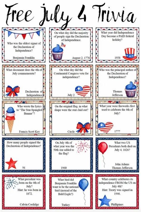 Free Printable 4th of July Trivia. Add some fun to any July 4th with free printable Fourth of July trivia. 30 patriotic questions. #free #printable #freeprintable #july4 #july4trivia #fourthofjulytrivia 4th Of July Trivia, Patriotic Printables, 4th Of July Games, Senior Activities, July Ideas, Fourth Of July Food, Fourth Of July Decor, 4th Of July Celebration, The Fourth Of July