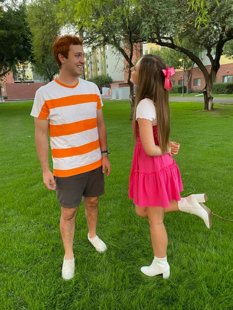 Phineas And Fern Halloween Costume, Halloween Costumes Simple Couple, Phineas And Ferb Couple Costume, Zootopia Inspired Outfits, Silly Couple Costumes, Isabella Costume Phineas And Ferb, Isabella And Phineas Costume, Halloween Costumes Couples Brunette, Unique Couple Halloween Costumes Diy