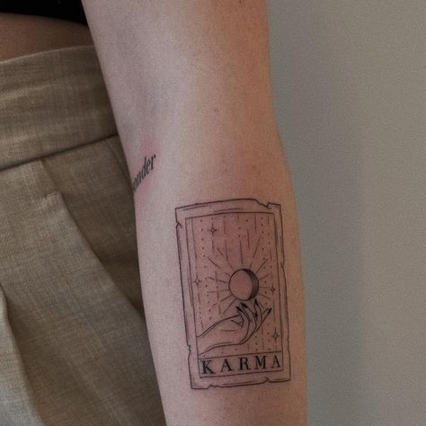 Tarot Card Tattoo Forearm, Tarot Card Tattoo Karma, Karma Tarot Card Tattoo, Eras Tattoo, Tarot Card Tattoo Minimalist, Karma Tarot Card, Tattoo Tarot Card, Tarot Card Tattoos, Tattoos 2024