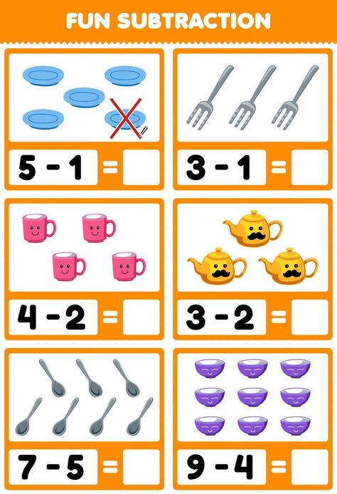 Education game for children fun subtraction by counting and eliminating cute cartoon plate fork mug teapot spoon bowl printable tool worksheet Printable Math Games Kindergarten, Diy Cards For Teachers, Easy Math Worksheets, Printable Math Games, Maternelle Grande Section, Preschool Math Games, Subtraction Kindergarten, Kindergarten Math Games, Creative Lesson Plans