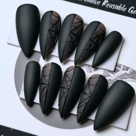 Can’t lie.. these are definitely my favourite from this years Halloween Nail Collection 🕸️🕸️ Stained Glass Webs, on Après Medium Stiletto 💅🏻 Webs are done with @madam_glam 3D Embossing Gel and I am just obsessed with this stuff. The fine detailing possible with this gel is insane. Highly recommend 👏 ⁣ .⁣ .⁣ .⁣ .⁣ .⁣ #blacknails #spiderwebnails #halloweennails #viralnaildesigns #nailartist #gothnails #nailsofinstagram #wednesdaynails #spiderwebs #stilettonails #witchaesthetic #stainedglassn... Spiderweb Nails, Nails Witchy, Spooky Halloween Nails, Nails Spooky, Press On Nails Black, Medium Stiletto, Cartoon Nails, Nail Collection, W.i.t.c.h Aesthetic