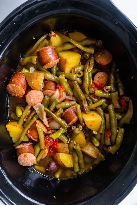 Easy Kielbasa Recipes, Sausage And Green Beans, How To Cook Kielbasa, Kielbasa And Potatoes, Slow Cooker Kielbasa, Beans Potatoes, Beans And Potatoes, Kielbasa Recipes, Crock Pots