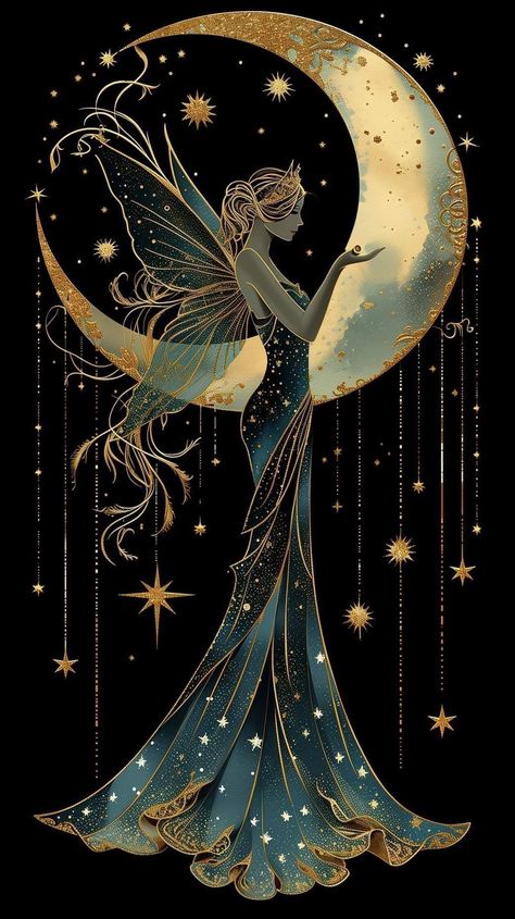 Moon Stars Art, Creature Fantasy, Moon Fairy, Beautiful Butterflies Art, Fairy Artwork, Celestial Art, Goddess Art, Jolie Photo, Fairy Art