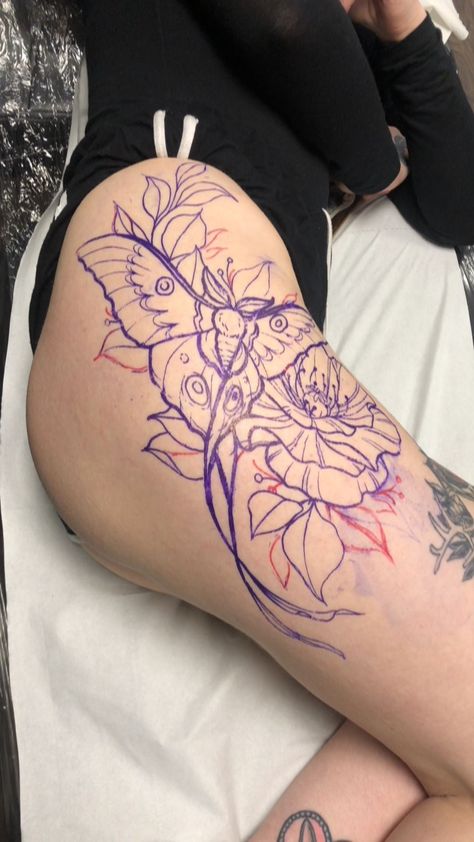 Side To Leg Tattoos Women, Women’s Thigh Piece, Pieced Together Sleeve Tattoo, Thigh Moth Tattoos Women, Moth Tattoo Design Thigh, Mushroom Leg Sleeve Tattoo, Thigh Stomach Tattoo, Cool Thigh Tattoo For Women, Full Hip Tattoo