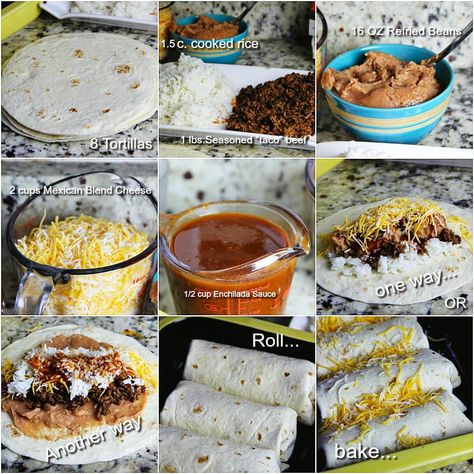 Beans, Beef and Rice Burritos - Sandra's Easy Cooking Bean Beef Burrito Recipe, Beef And Rice Burritos, Kid Friendly Party Food, Beef And Bean Burritos, Mexican Burritos, Beef Burrito Recipe, Team Meal, Rice Burrito, Healthy Beef