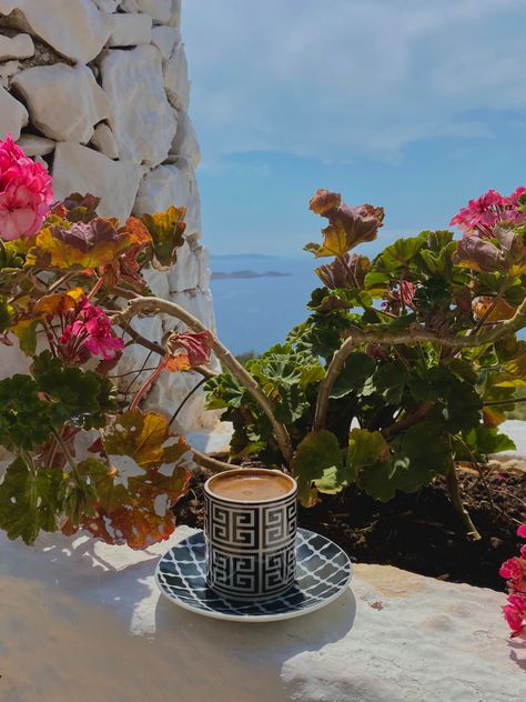 turkish coffee seaside surrounded by flowers Blue Mediterranean Aesthetic, Turkish Mediterranean Aesthetic, Mediterranean Coffee Shop, Medditeranean Aesthetic, Mediterranean Coffee, Aesthetic Mediterranean, Mediterranean Aesthetic, Mediterranean Summer, Sea Aesthetic