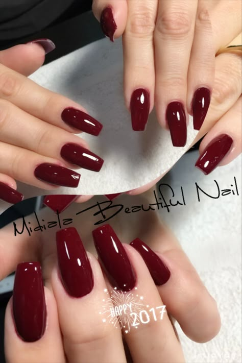 Nail Ideas Wine Color, Glossy Red Acrylic Nails, Classic Red Acrylic Nails, Deep Red Coffin Acrylic Nails, Rich Red Nails, Dark Red Glossy Nails, Dark Red Wedding Nails, Deep Red Nails Coffin, Cranberry Acrylic Nails