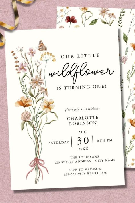 Wildflower Boho Garden Floral First Birthday Invitation #CreativeKids #MemorableMoments Boho Flower First Birthday, Flower Garden First Birthday, Botanical First Birthday Party, Blooming First Birthday Party, Floral One Year Old Birthday, Whimsical Garden First Birthday, First Birthday Party Flower Theme, Wildflower Baby Birthday Party, Wildflowers Birthday Party