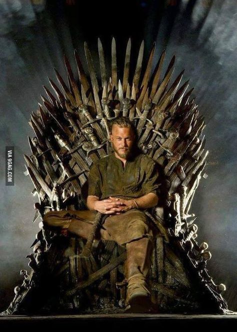 Travis Fimmel sitting in the Game of Thrones chair King Ezekiel, Viking Wallpaper, Ragnar Lothbrok Vikings, The Iron Throne, King Ragnar, Viking Series, Vikings Game, Vikings Ragnar, Viking Life