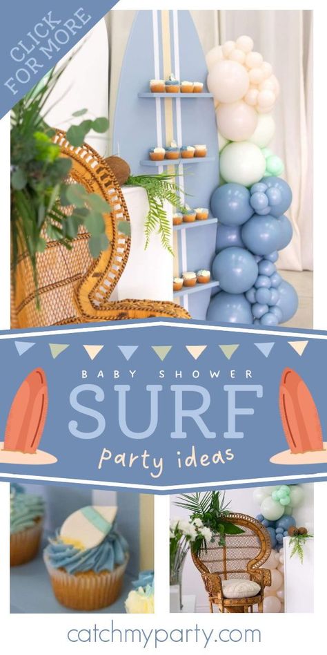 Don't miss this lovely surf-themed baby shower! The party decorations are so pretty! See more party ideas and share yours at CatchMyParty.com Surfer Gender Reveal Ideas, Pool Party Baby Shower Ideas, Surf Baby Shower Theme, Baby On Board Baby Shower Ideas Girl, Surfer Baby Shower Ideas, Baby Shower Surf Theme, Surfing Baby Shower Ideas, Surfs Up Baby Shower Theme, Baby On Board Baby Shower Ideas