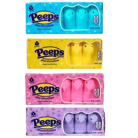 One of our favorite Easter staples will have you and your kids cheering! Fluffy chick-shaped marshmallows by Peeps are coated in purple sugar for a sweet treat thats been a favorite addition to Easter baskets for decades. Peeps packages are naturally fat free and gluten free. Theyre also great for gift baskets, goodie bags, and fun recipes.Fluffy chick-shaped marshmallows by Peeps are coated in blue, Yellow, Pink & Purple sugar for a sweet treat thats been a favorite addition to Easter baskets f Shaped Marshmallows, Peeps Marshmallow, Peeps Candy, Marshmallow Candy, Kids Cheering, Brand Food, Candy Easter Basket, Marshmallow Peeps, Easter Desserts