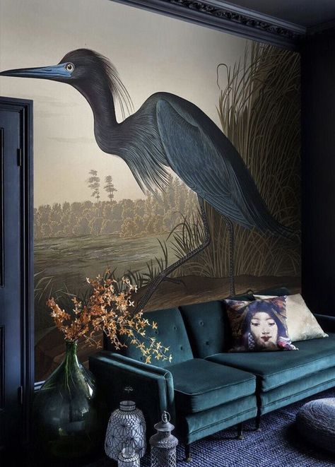 Little Blue Heron | Wallpaper Mural | SurfaceView Blue Black Interior, Wallpaper Jungle, Roaring 20, London Kensington, Jungle Wall Art, Bar Inspiration, Jungle Wall, Jungle Tropical, Cocktail Bars