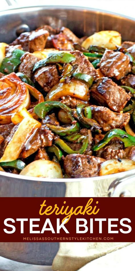 Put this sirloin steak recipe on your dinner ideas for tonight! This main dish is ready in just 30 minutes. Cooked in a flavorful sauce with peppers and onions, these easy teriyaki steak bites are like what you can get from a steakhouse! Teriyaki Steak Bites, Onion Steak, Teriyaki Steak, Healthy Beef Recipes, Healthy Beef, Pepper Steak, Beef Tips, Green Peppers, Where's The Beef