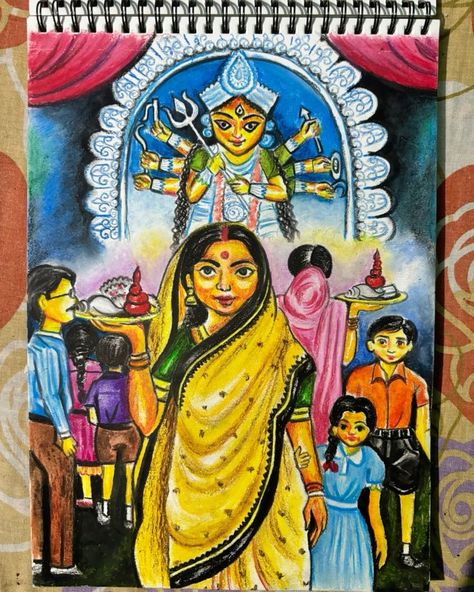 Durga Puja Senary Drawing, Durga Puja Festival Drawing, Durga Puja Composition Drawing, Durga Painting For Kids, Durga Puja Scenery Drawing, Durga Puja Drawing Easy, Durgapuja Drawing, Durga Puja Drawing For Kids, Durga Puja Painting