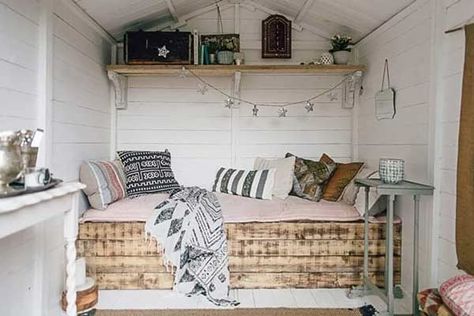 Living in a Shed? An In Depth Guide To Turning A Shed Into A Tiny Home | The Tiny Life Shed Bedroom Ideas, Small Summer House, Living In A Shed, Summer House Interiors, Shed Decor, Shed Interior, Summer House Garden, Wendy House, Boho Furniture