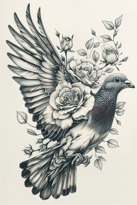 Colorful Tattoo - Traditional Tattoos - Special Meaningful Tattoo - Dreamy Designs - The Most Beautiful Tattoo - Magical Moments  - Tattoo Designs Drawings #TattooDrawings #TattooRealistic #TattooDesigns Bird And Flowers Tattoo Design, Moments Tattoo, Pigeon Tattoo, Flowers Tattoo Design, Tattoo Designs Drawings, Colorful Tattoo, Tattoo Animal, Bird Tattoos, Animal Illustration Art