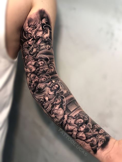 Religous Tattoo Designs Men, Jesus Tattoo Sleeve, Religous Tattoo, Rose Neck Tattoo, Clock And Rose Tattoo, Tato Maori, Headdress Tattoo, Christian Sleeve Tattoo, Inner Bicep Tattoo