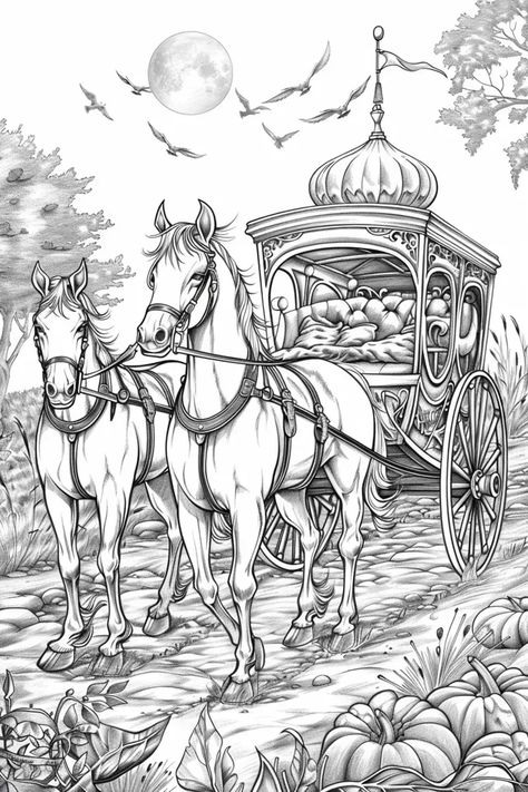 Full Color Image in ai-img-gen.com 🔸 A coloring book page showing an elegant carriage being pulled by two horses. in the style of Selina ... 🔸 From Midjourney AI Image Carriage Drawing, Ink Reference, Domed Roof, Drawing Horses, Horse Coloring Pages, Two Horses, Horse Carriage, Color Image, Horse Drawn