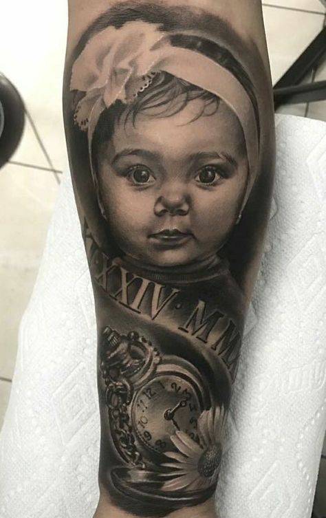 Son Portrait Tattoo Ideas, Portrait Memorial Tattoo Ideas, Half Sleeve Portrait Tattoo, Calf Portrait Tattoo, Mom And Daughter Portrait Tattoo, Face Portrait Tattoo Sleeve, Portrait Tattoo On Leg, Memorial Portraits Tattoos, Daughter Portrait Tattoo Ideas