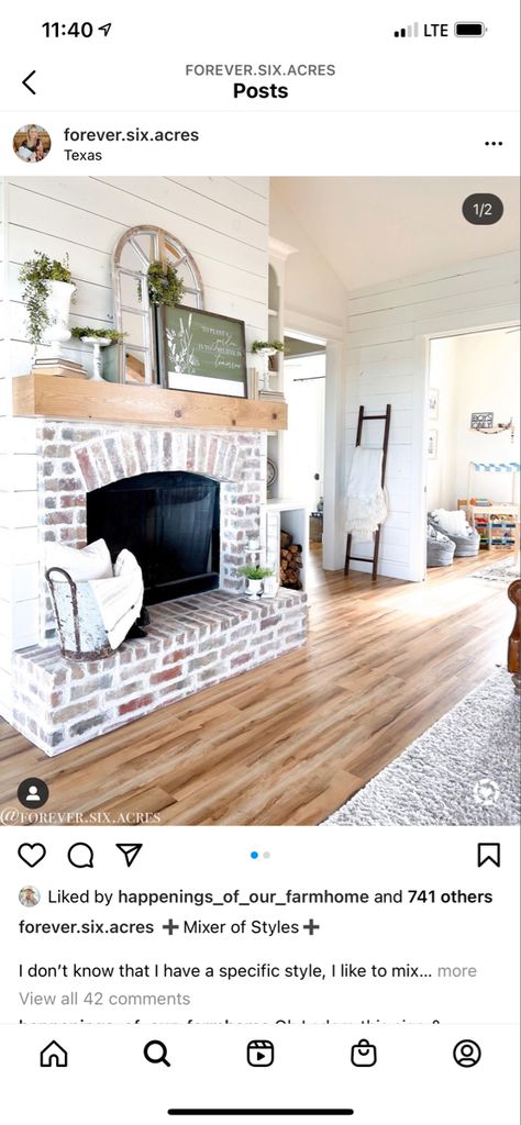 Brick Shiplap Fireplace, Shiplap Over Brick Fireplace, Fireplace Mantels Decor, Brick And Shiplap, Brick Fireplace Mantles, Fireplace Styles, Shiplap Fireplace, Family Room Fireplace, Fireplace Ideas