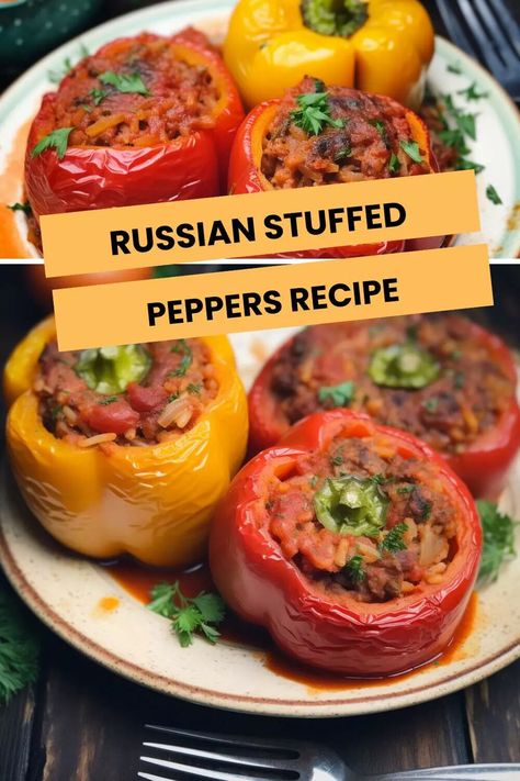 Russian Stuffed Peppers Recipe – Hungarian Chef Ukrainian Stuffed Bell Peppers, Ground Meat And Rice, Hungarian Stuffed Peppers, Russian Dishes, Stuffed Peppers Recipe, Diced Carrots, Cooked Rice, Beef And Rice, Shredded Carrot