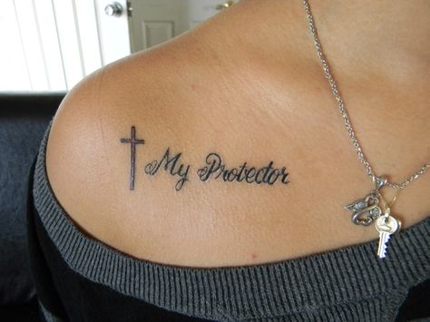 My new tattoo     Cross with the words My Protector black ink with white outline Her Protector Tattoo, Protector Tattoo, My Protector, Cross Tattoo, Get A Tattoo, Tattoo Idea, Body Mods, Future Tattoos, Ink Art