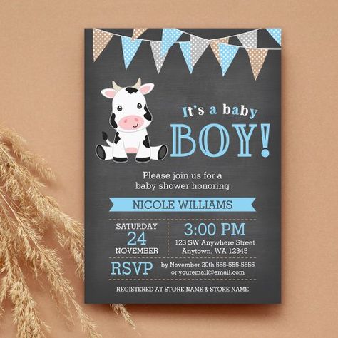 $2.90 | Chalkboard Cow Boy Baby Shower #cow baby shower, farm themed baby shower, chalkboard, boy baby shower, cute, modern, affordable baby shower, cheap baby shower, it's a boy, polka dot Cow Print Baby Shower Ideas Boy, Cow Baby Shower Invitations, Baby Shower Chalkboard, Cow Baby Shower, Cow Baby Showers, Cow Illustration, Background Baby, Cheap Baby Shower, Sprinkle Baby Shower