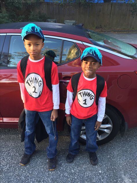 Thing 1 and Thing 2 costumes....My version of "boys" Thing 1 and Thing 2. DIY last minute costumes. Diy Thing One And Thing Two Shirts, Think 1 And Thing 2 Costume, Thing One And Thing Two Costumes Diy, Diy Last Minute Costumes, Thing 1 Thing 2 Costume, Thing 2 Costume, Dr Seuss T Shirts, Thing 1 And Thing 2, Twin Day