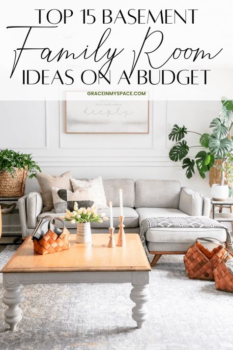 Do you want to create a cozy basement family room? Here are 15 basement family room ideas on a budget! Plus, I styled my curated collection for you. #basementfamilyroom #familyroomdecor #basement #basementideas #familyroomideas #budgetbasementmakeover Basement Family Room Inspiration, Den House Ideas, Basement Den Ideas Cozy Living, Decorating A Basement Family Room, Rec Room Wall Decor Ideas, Basement Family Room Ideas On A Budget, Family Friendly Basement Ideas, Family Rec Room Ideas, Modern Farmhouse Basement Family Room